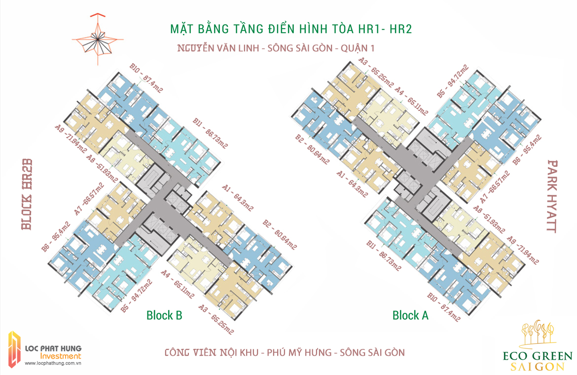 Mặt bằng thiết kế HR1A và HR1B dự án căn hộ chung cư Eco Green Sài Gòn - Tầng 3A-36