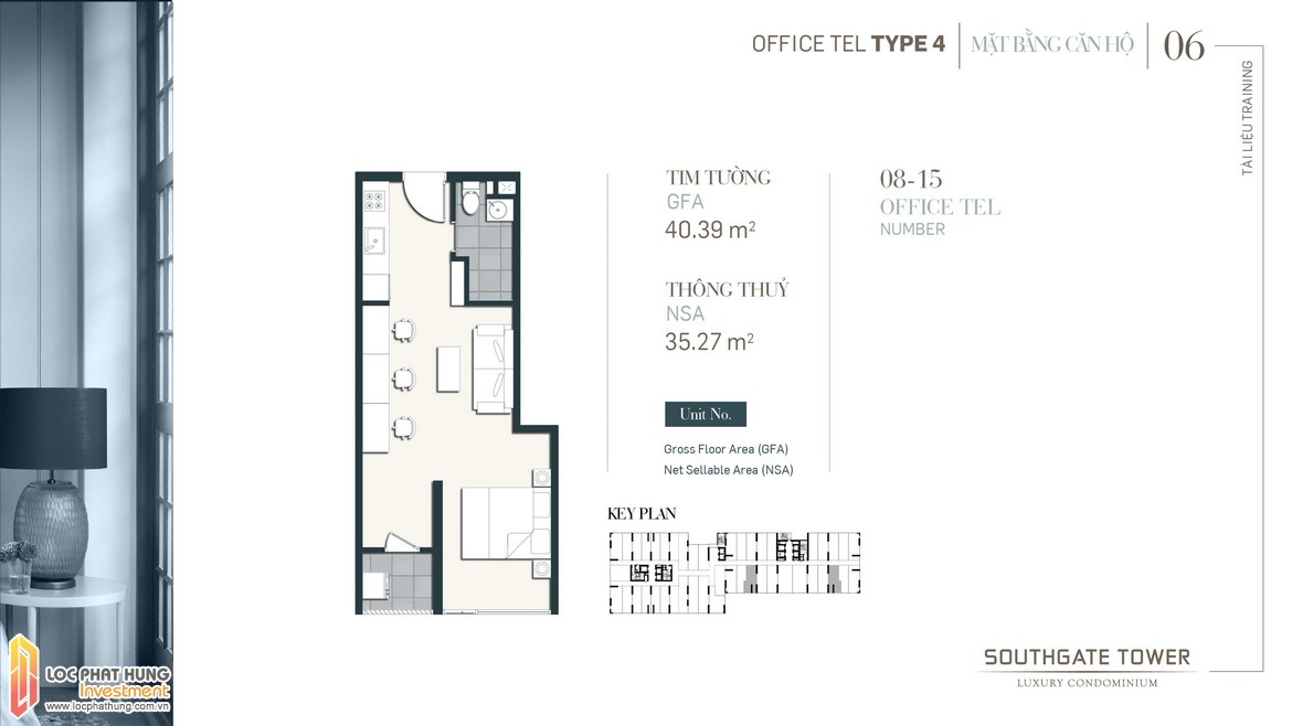 Thiết kế Officetel dự án South Gate Tower Quận 7 Loại 04 Diện tích xây dựng 40.39m2 Diện tích thông thủy: 35.27m2