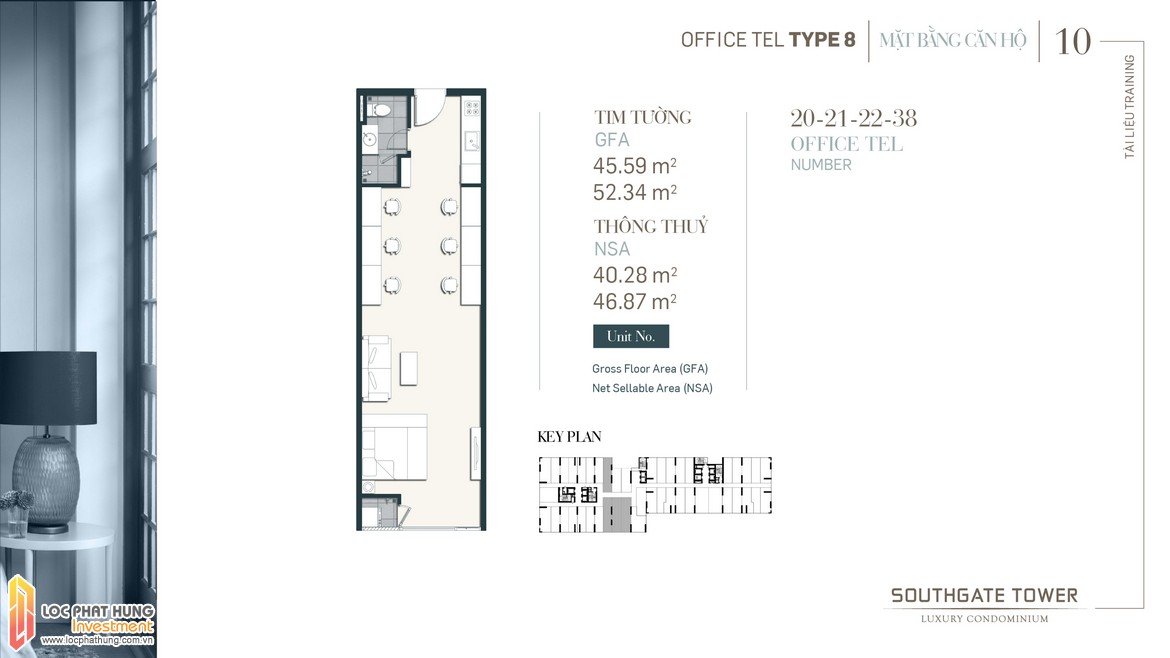 Thiết kế Officetel dự án South Gate Tower Quận 7 Loại 08 Diện tích xây dựng 45.59m2-52.34 Diện tích thông thủy: 40.28m2-46.87m2