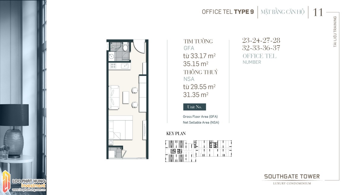 Thiết kế Officetel dự án South Gate Tower Quận 7 Loại 09 Diện tích 33.17m2 - 35.15 Diện tích thông thủy: 29.55m2-31.35m2