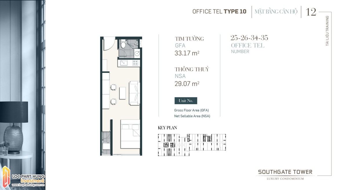 Thiết kế Officetel dự án South Gate Tower Quận 7 Loại 12 Diện tích 33.17m2 Diện tích thông thủy: 29m2