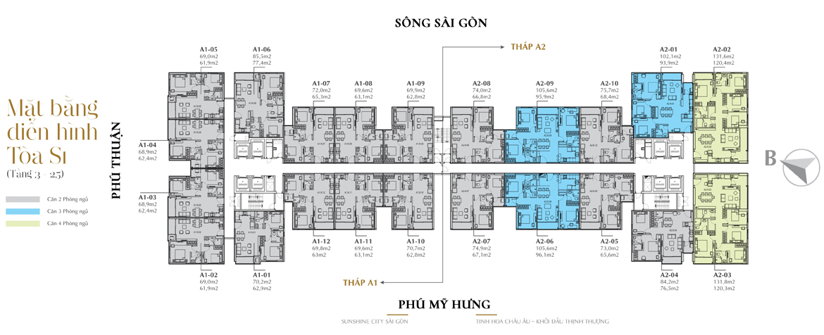 Mặt bằng S1 từ tầng 3-25 dự án căn hộ chung cư Sunshine City Saigon - Tầng 03-11 loại hình văn phòng đa năng (Officetel). - Tầng 12-26 loại hình căn hộ để ở.