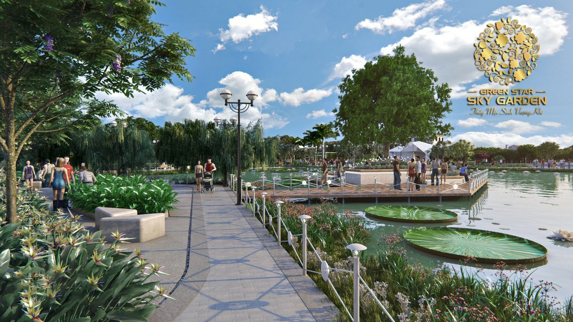 Công viên kênh đào chạy xuyên suốt khuôn viên cụm dự án căn hộ Green star sky Garden tạo nên không khí trong lành và cảnh quan tuyệt đẹp Resort