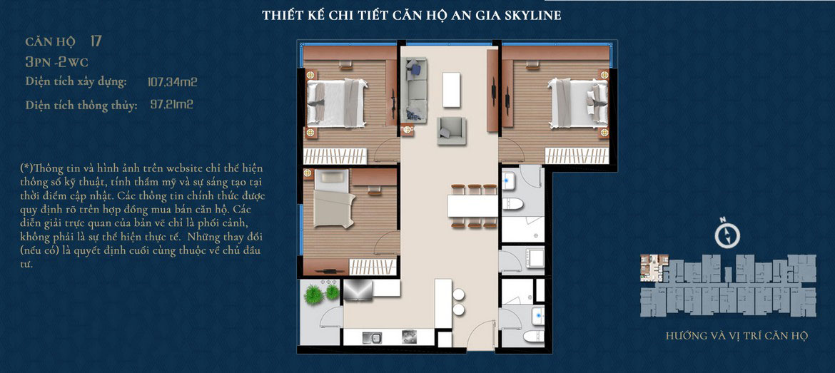 Thiết kế căn hộ An Gia Skyline diện tích 107m2 - Thiết kế 3 Phòng ngủ - 2 Vệ sinh