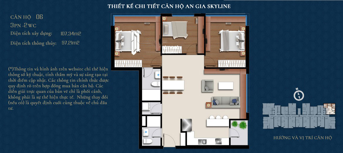 Thiết kế căn hộ An Gia Skyline diện tích 107m2 - Thiết kế 3 Phòng ngủ - 2 Vệ sinh